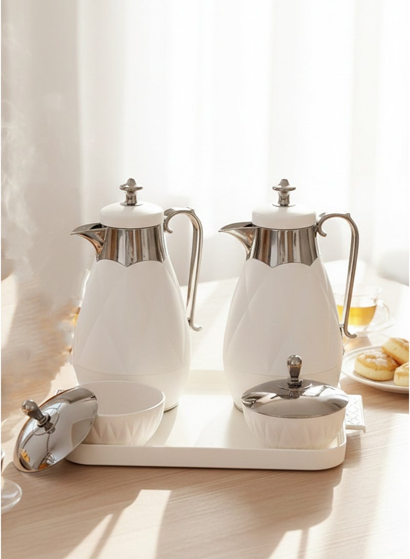 لوفر طقم ترامس شاي وقهوة فاخر بتصميم ماسي أنيق – عدد 2 ترمس مع صينية وعلب تقديم بغطاء – مثالي للضيافة والمناسبات - Image 3